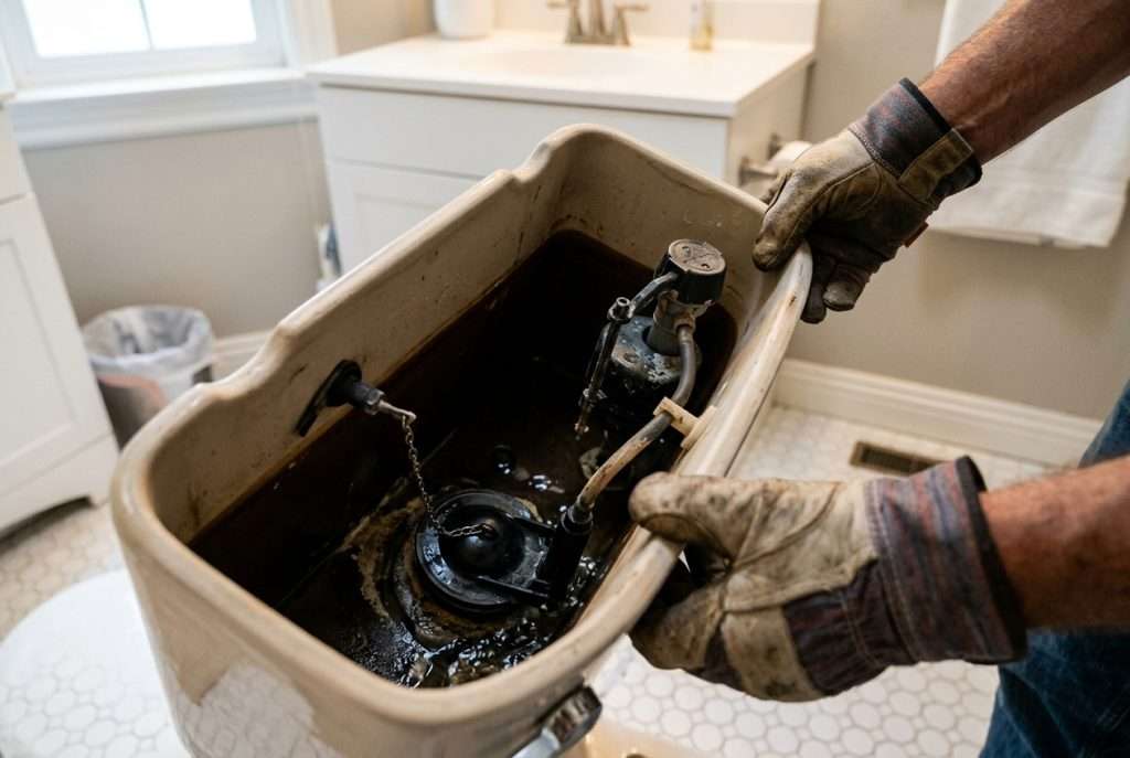 Hands inspecting a toilet tank flapper valve to fix a running toilet
