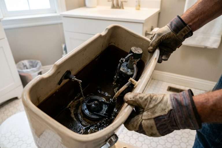 Hands inspecting a toilet tank flapper valve to fix a running toilet