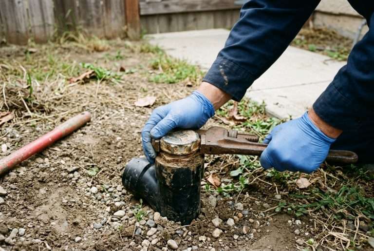 Plumber using a pipe wrench to open a sewer cleanout in a residential backyard