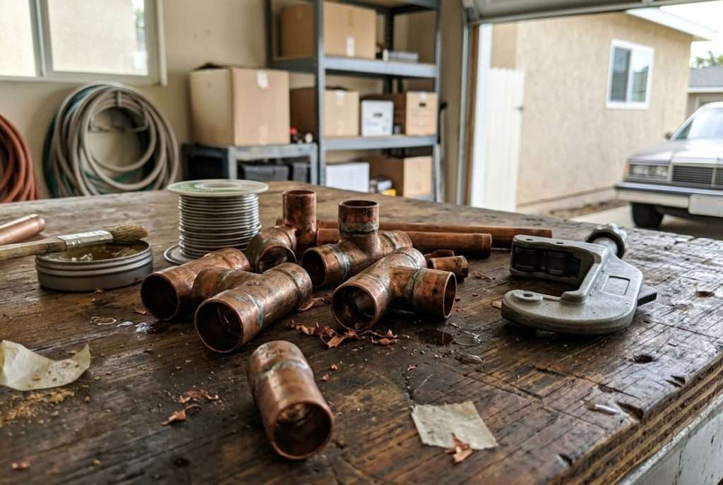 Copper pipe fittings and plumbing tools on a workbench during a re-pipe job