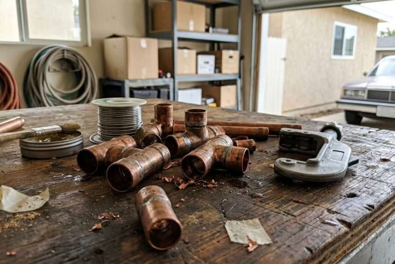 Copper pipe fittings and plumbing tools on a workbench during a re-pipe job