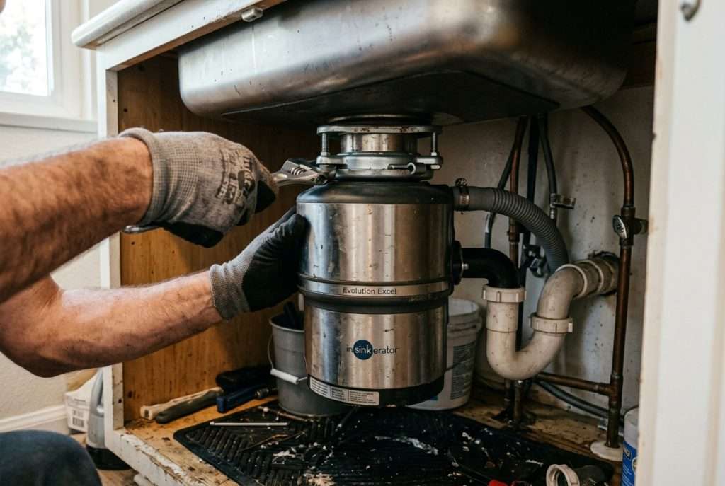 Hands installing a garbage disposal unit under a kitchen sink
