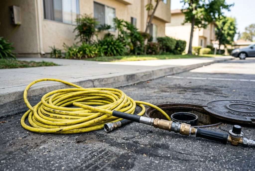 Hydrojetting hose and equipment at an apartment complex sewer cleanout