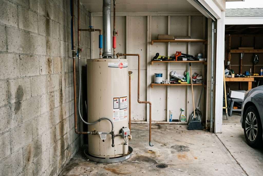 Residential tank water heater with pipes and pressure relief valve in a garage