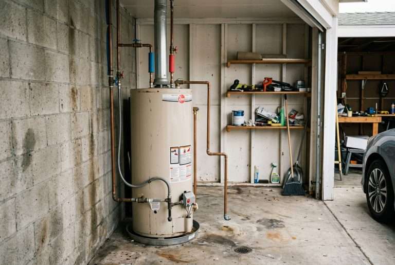 Residential tank water heater with pipes and pressure relief valve in a garage