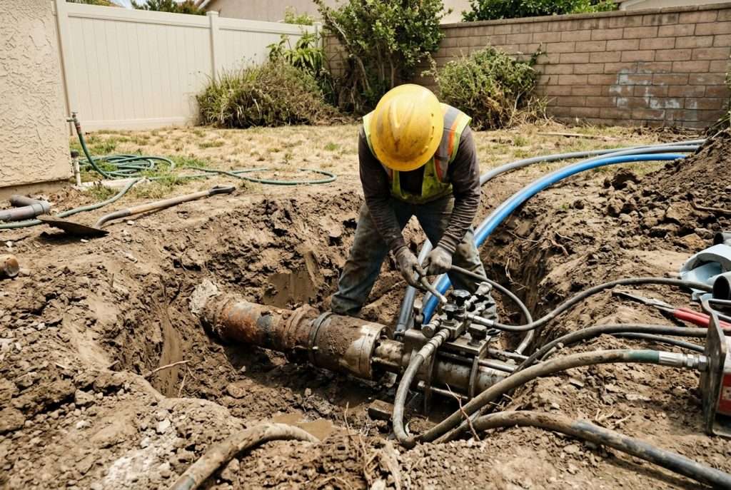 Excavation for sewer line repair in a residential yard