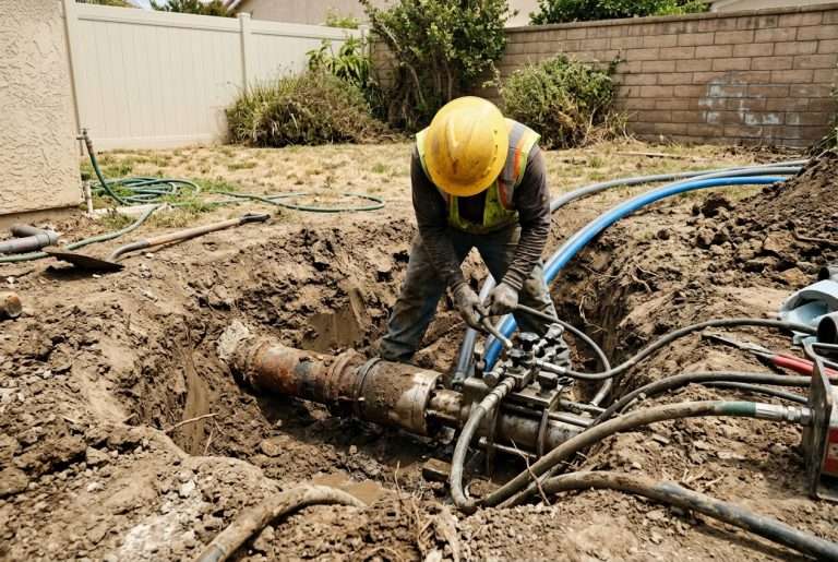 Excavation for sewer line repair in a residential yard