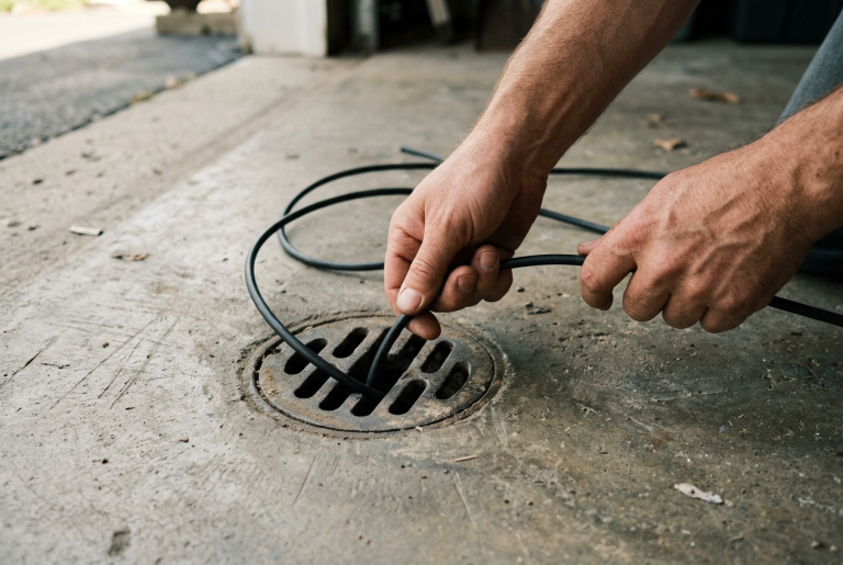 Plumber feeding a drain inspection cable into a floor cleanout drain
