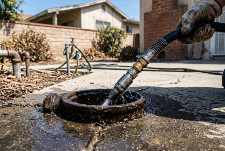 Hydro jetting hose nozzle being fed into a sewer cleanout pipe