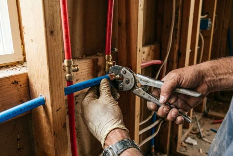 Plumber's hands connecting PEX pipe fittings inside a wall cavity