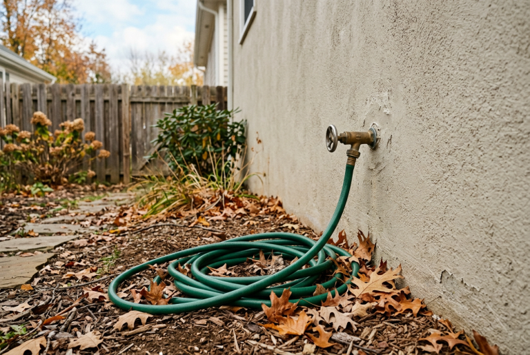 Outdoor garden hose bib faucet on a home exterior wall in fall