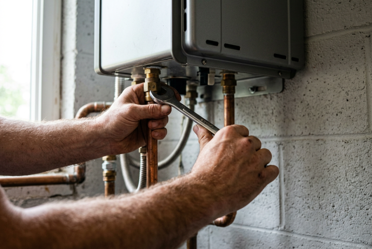 Plumber installing a Rinnai tankless water heater on a garage wall