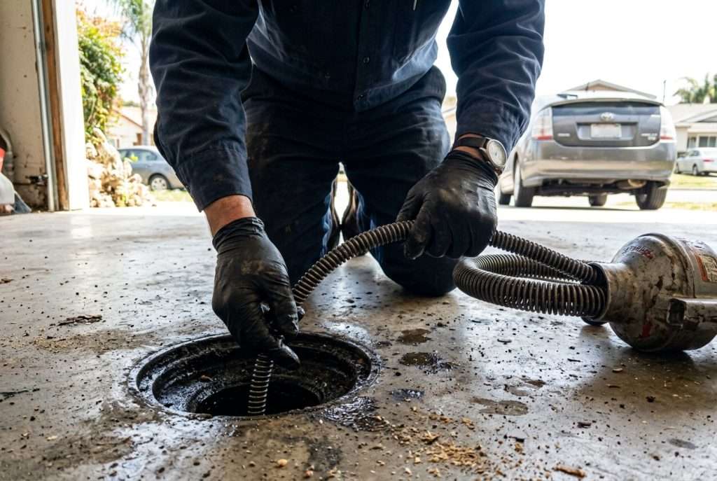 Plumber using a drain snake to clear a slow drain during seasonal maintenance