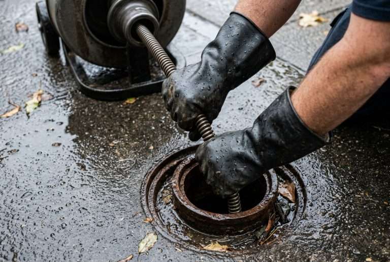 Plumber clearing a drain cleanout during rainy season to prevent flooding backup