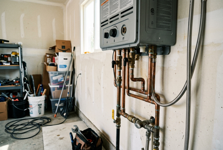 Tankless water heater mounted on a garage wall with copper pipe connections