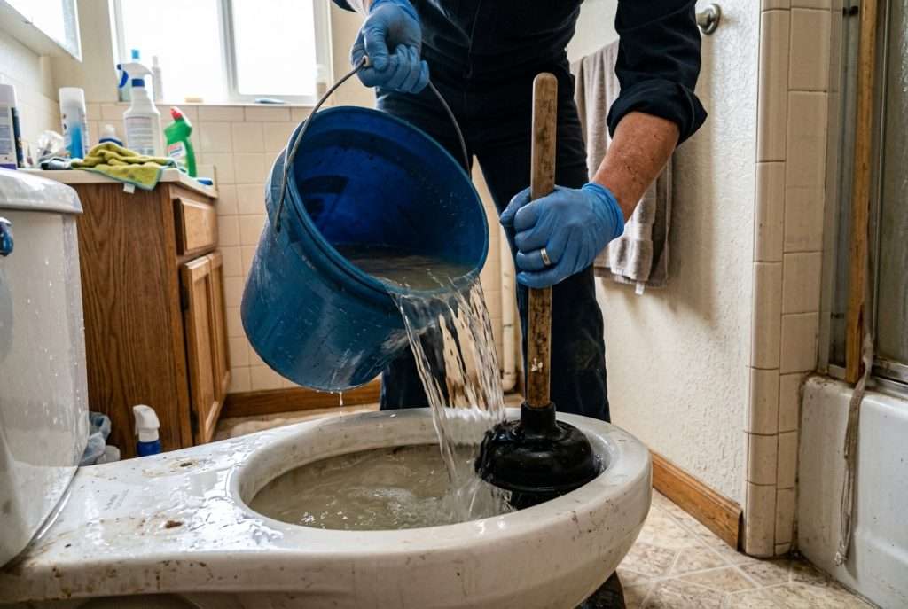 Pouring a bucket of water into a toilet bowl to flush it manually