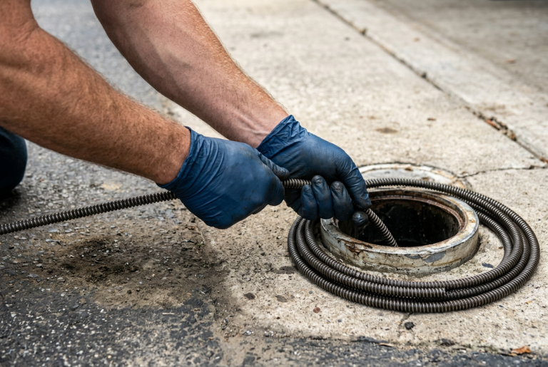 Drain cleaning cable being fed into a residential main sewer line cleanout