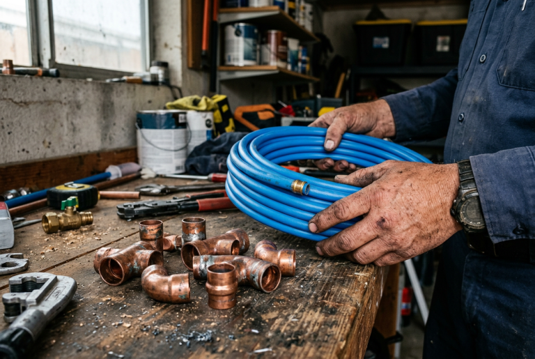 PEX plumbing tubing coiled next to copper pipe fittings on a workbench