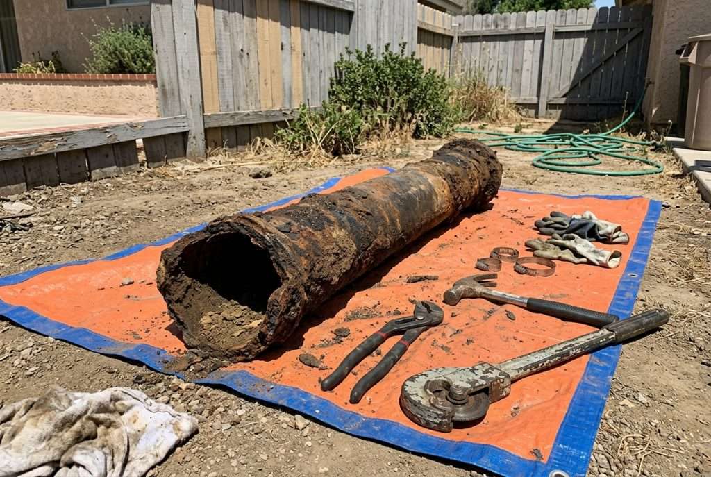 Corroded cast iron sewer pipe section removed during a plumbing repair