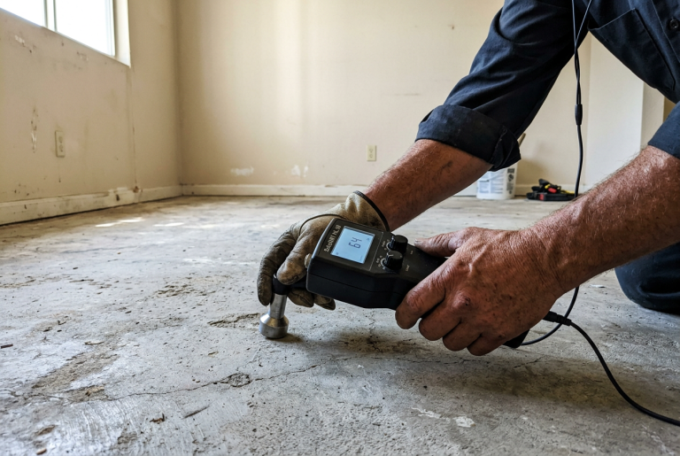 Plumber using an electronic leak detection device on a concrete slab floor