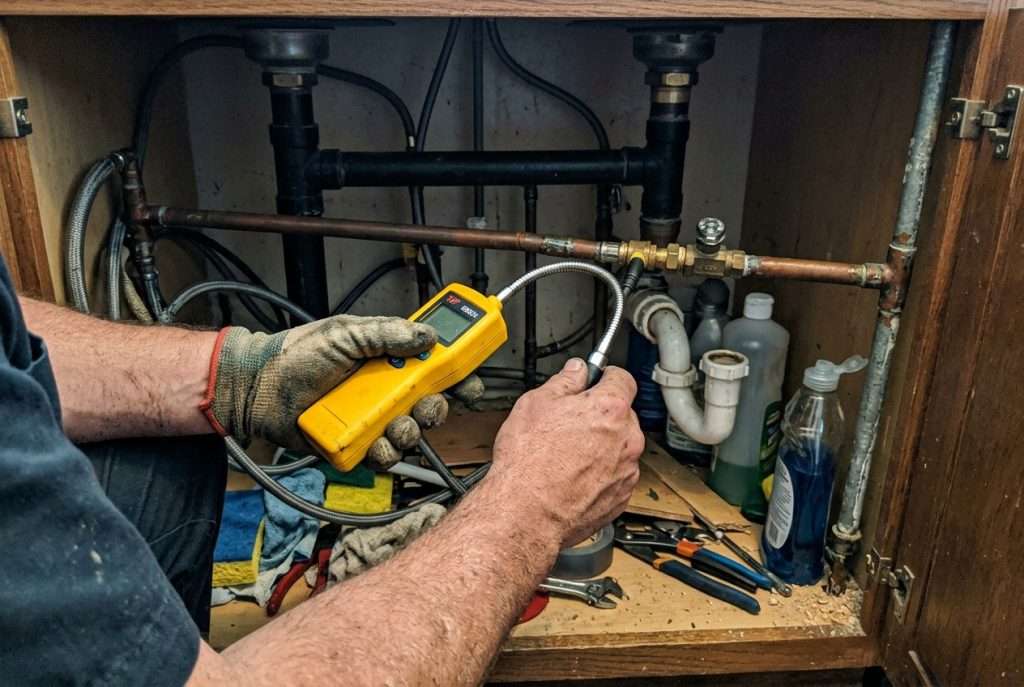 Plumber using a gas leak detector near a gas line fitting under a kitchen sink
