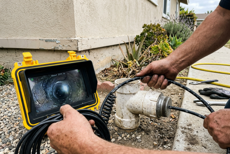 Sewer inspection camera cable and monitor used to inspect a residential sewer line