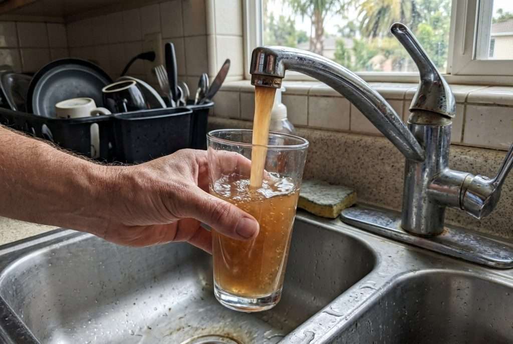 Brown discolored water pouring from a kitchen faucet into a glass