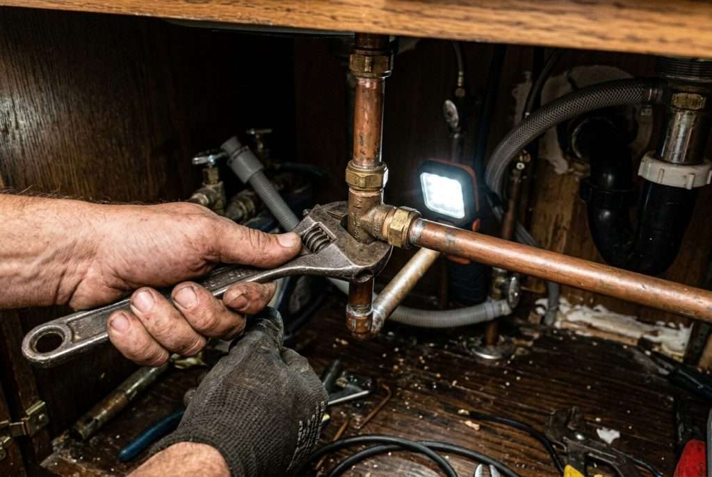 Plumber's hands tightening a copper pipe fitting under a kitchen sink