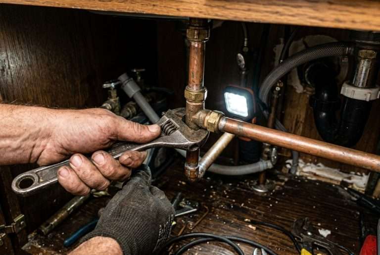 Plumber's hands tightening a copper pipe fitting under a kitchen sink