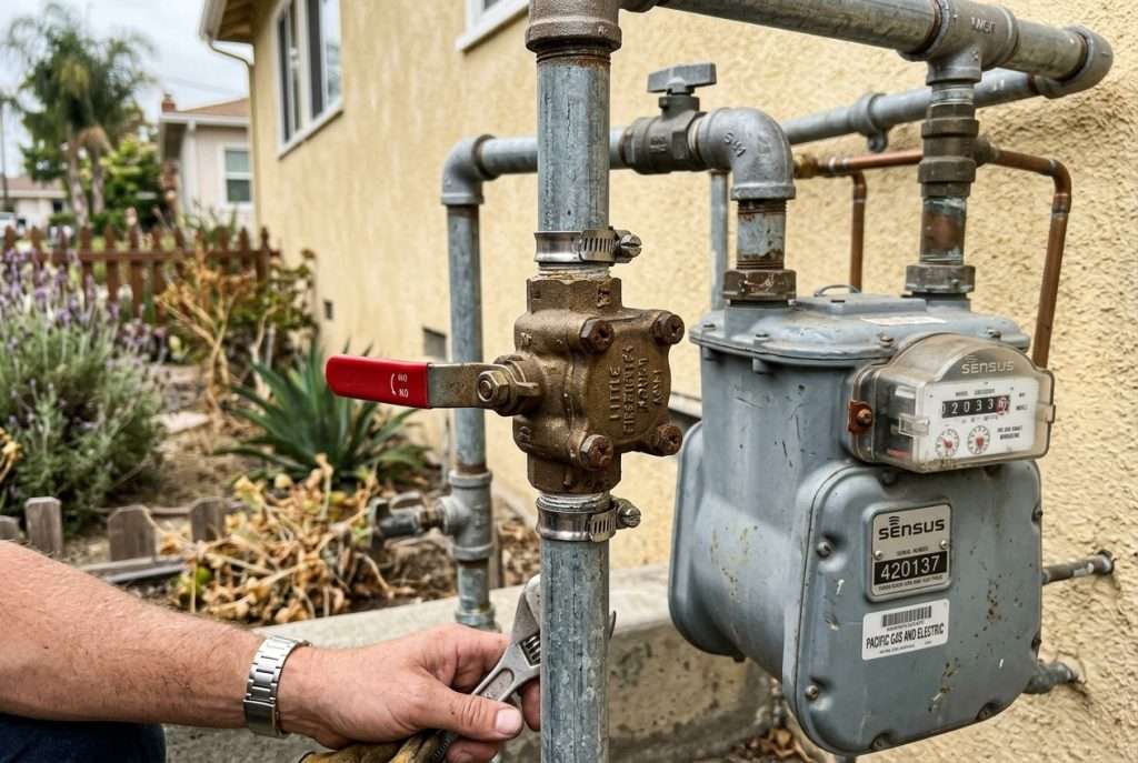 Earthquake gas shut-off valve installed on a home gas meter