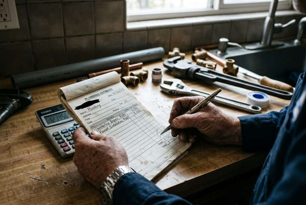Hands reviewing a plumbing repair cost estimate with a calculator and tools on a counter