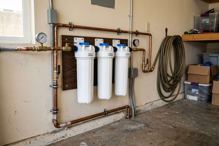 Whole-house water filtration system installed on home plumbing