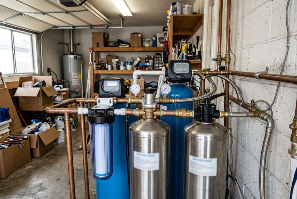 Whole-house water filtration system installed in a residential garage