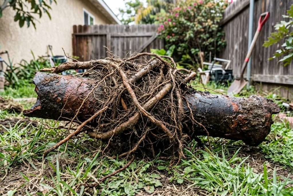 Sewer pipe removed from ground with tree roots tangled around it, showing root intrusion damage