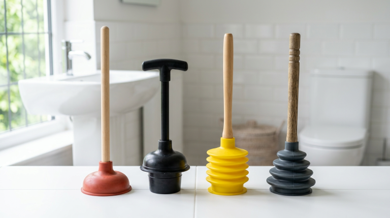 Different types of plungers including cup plunger, flange plunger, accordion plunger, and bellows plunger arranged on a clean surface