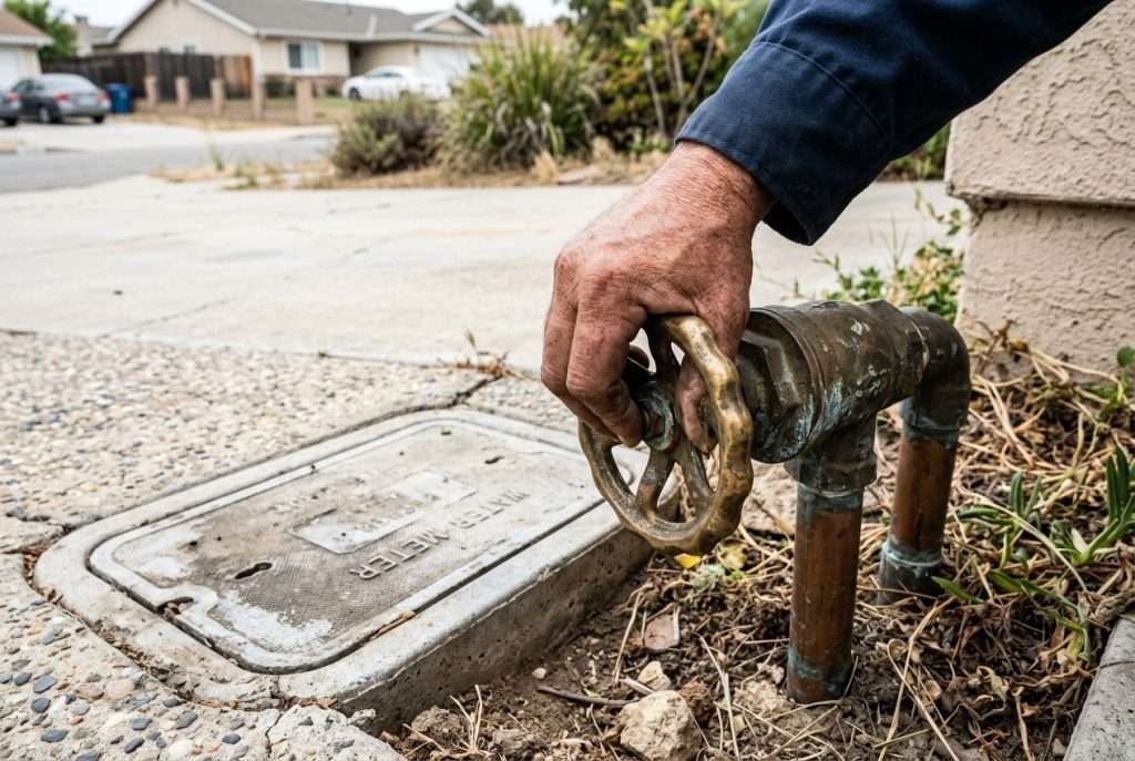 Plumber's hand turning a brass main water shutoff valve near a residential water meter
