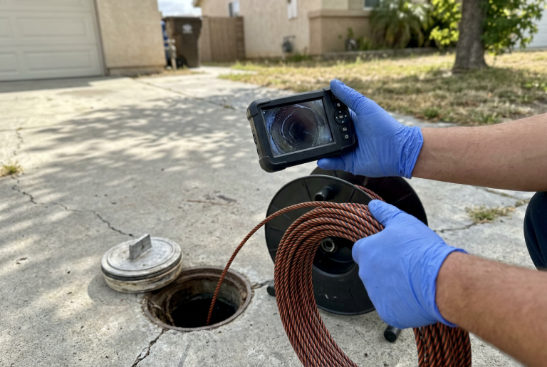 Plumber reviewing sewer camera inspection footage on a monitor at a residential cleanout