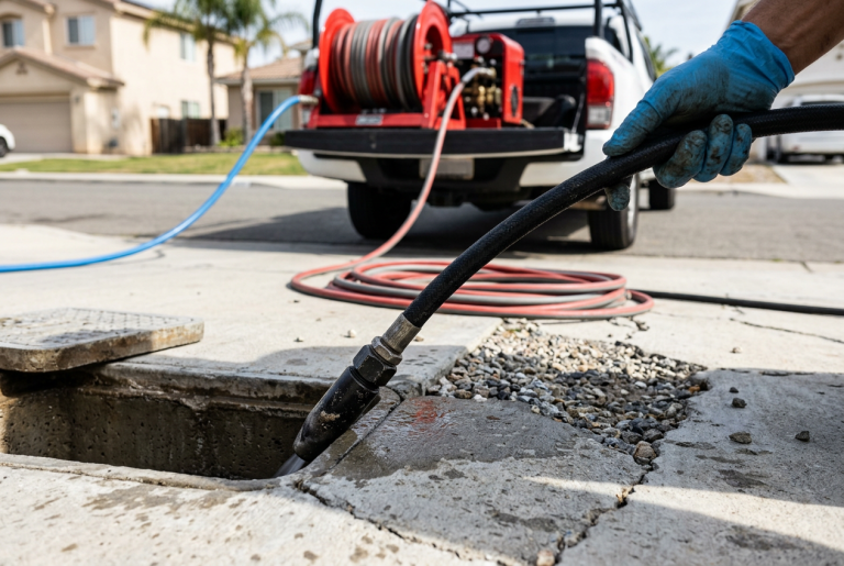 Hydro jetting hose and nozzle being fed into a sewer cleanout access point