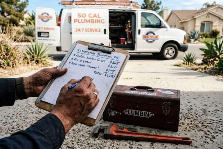 Plumber's hands holding a written estimate on a clipboard next to a toolbox