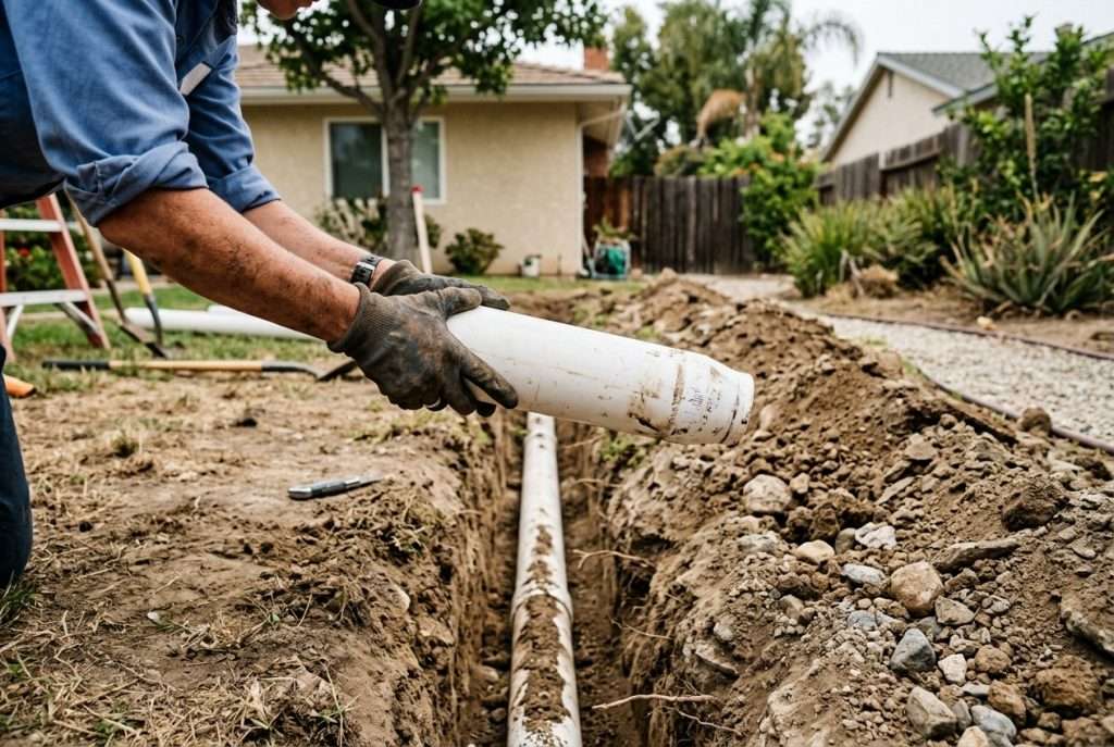 Plumber's hands holding a section of new sewer pipe next to an open trench during a sewer line replacement