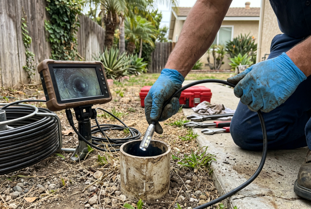 Plumber feeding a sewer inspection camera cable into a residential cleanout pipe