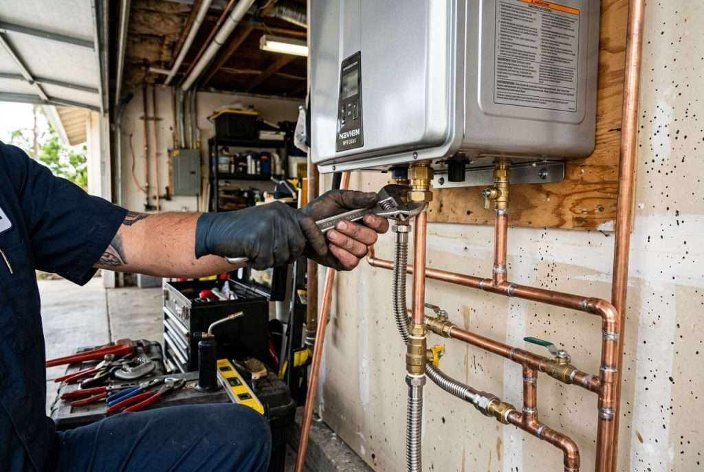 Plumber installing a tankless water heater on a garage wall