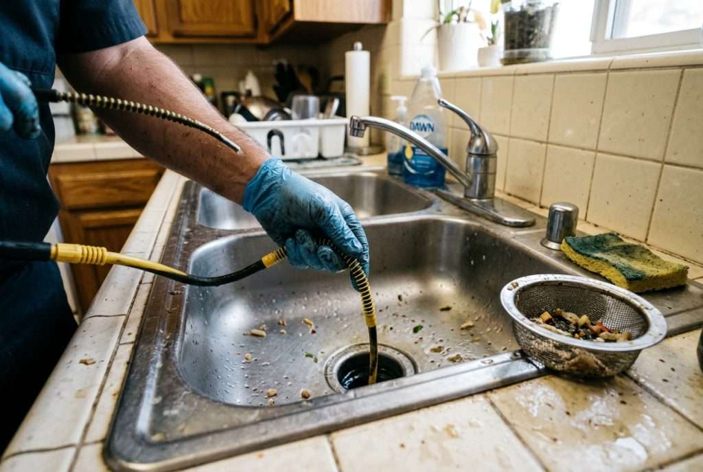 Plumber using a drain snake to clear a kitchen sink drain