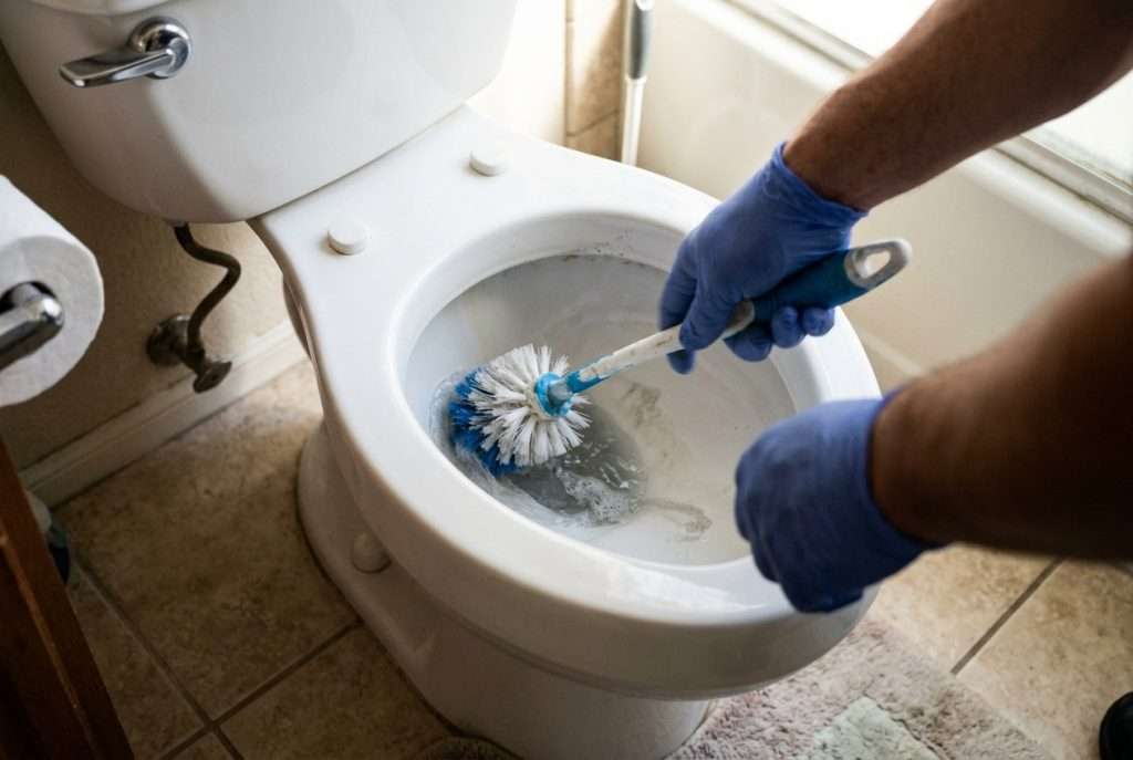Cleaning a residential toilet bowl with a toilet brush
