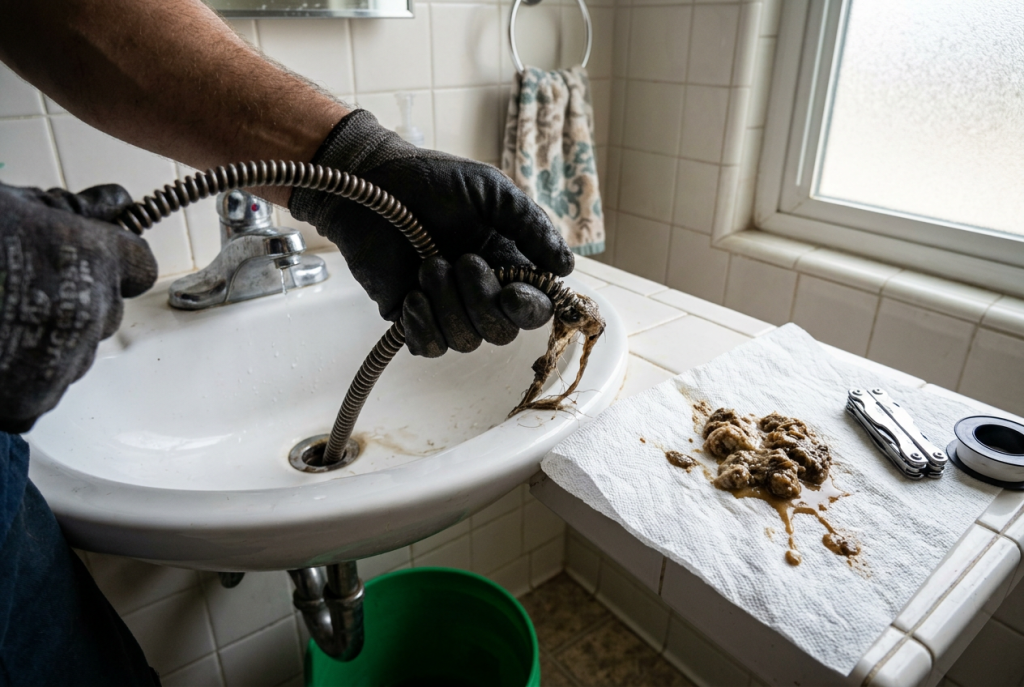 Plumber clearing a clogged bathroom sink drain with a plumbing snake
