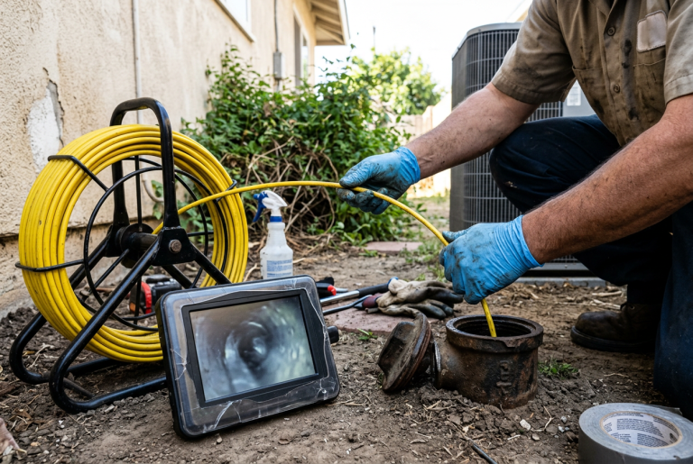 Plumber inspecting a sewer line with a camera inspection cable near a pipe cleanout