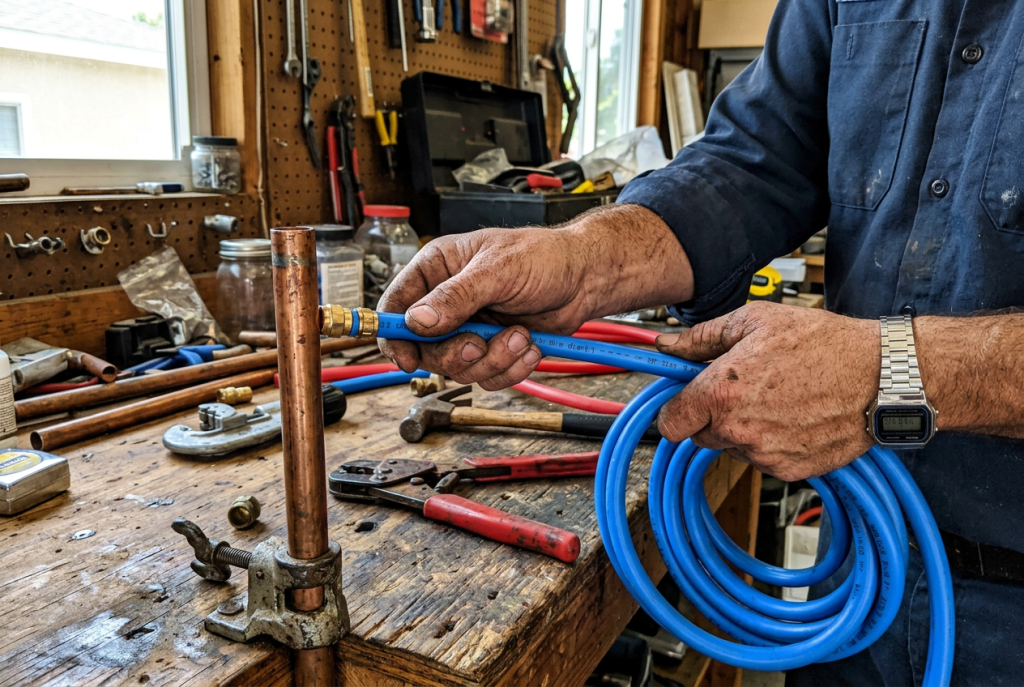 PEX tubing connected to copper pipe on a plumber's workbench