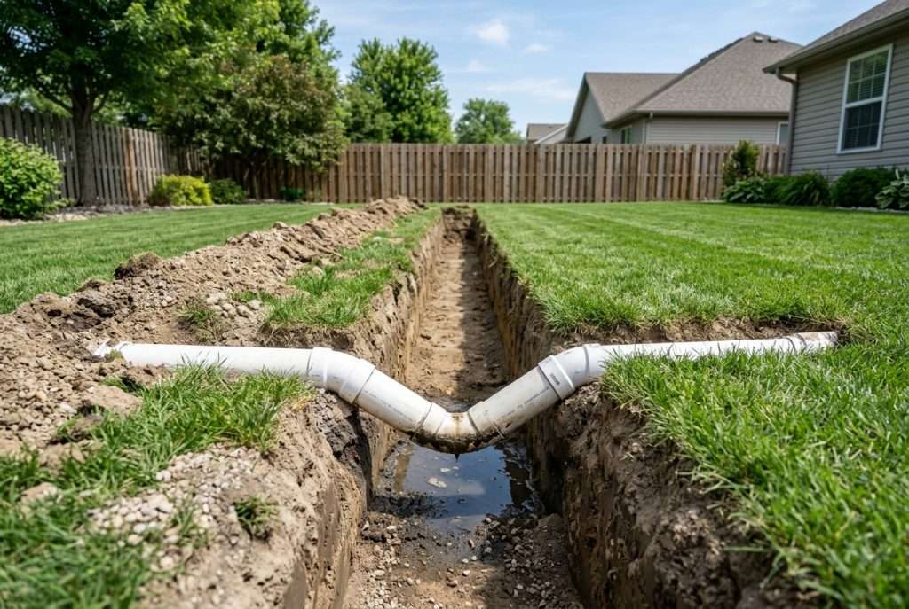 Sewer line belly showing a sagging section of underground pipe in a residential yard excavation