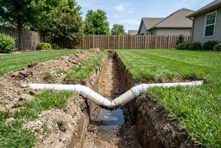 Sewer line belly showing a sagging section of underground pipe in a residential yard excavation