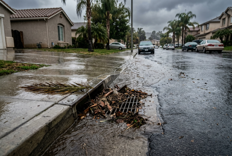 Rainwater flowing into a curb storm drain on a Southern California residential street during a heavy winter storm